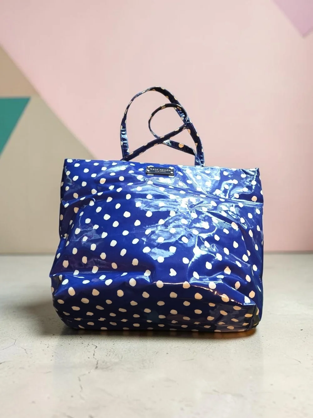 Kate Spade Story Book Lining Blue/White Polka Dot Tote Bag, EUC